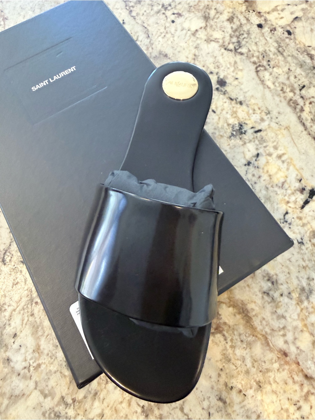 Saint Laurent Black Patent Slide With Gold Button Detail